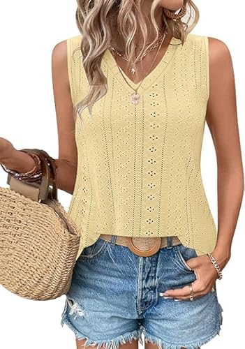 WNEEDU Camisetas sin Mangas para Mujer Camiseta Holgada sin Mangas con Cuello en V de Verano con Bordado de Ojales y Camisetas con Aberturas Laterales Camisetas Amarillo Claro XL