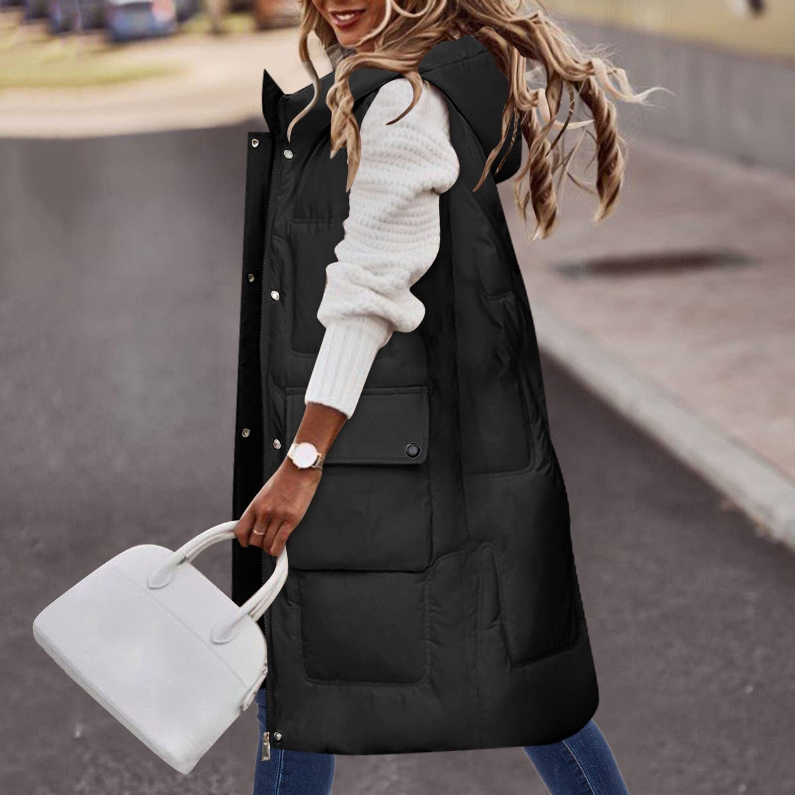 Generisch Gilet trapuntato da donna lungo con cappuccio – gilet invernale da donna caldo senza maniche gilet in piuma ispessito cappotto invernale soffice piumino con cerniera gilet elegante gilet