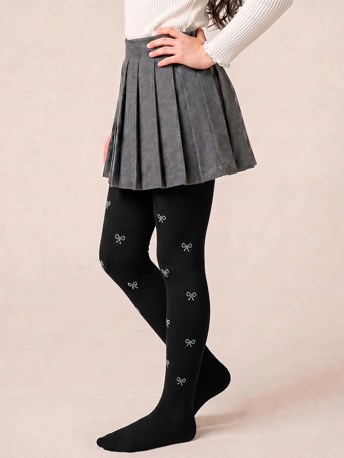 Haloumoning Girls Footed Tights Soft Knit Rhinestone Bow Pattern Stockings