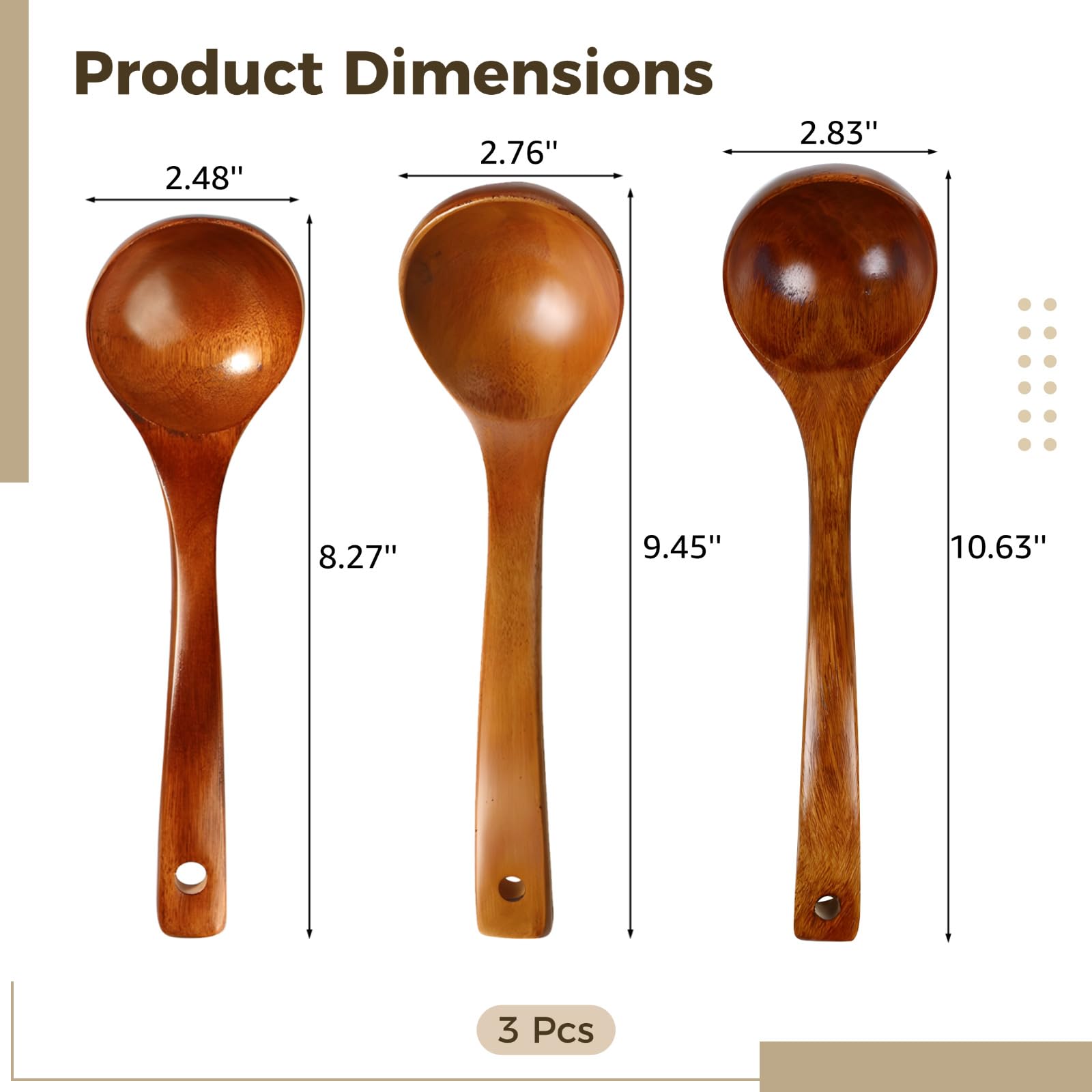 3 Stk. Holz-Suppenlöffel, Kochutensilien-Set, Holzschöpfkellen für antihaftbeschichtetes Kochgeschirr, tiefer Schöpflöffel für die Küche, ergonomische Form zum Rühren und Servieren