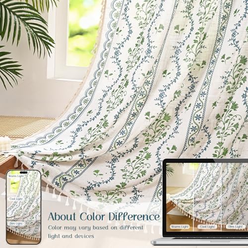 Image of Yinhua Boho Curtains for Living Room 84 Inch Length Vintage Linen Curtains for Bedroom Light Filtering Window Curtain Rod Pocket & Back Tabs Rustic Tassel Drapes with Tiebacks, Blue Green Floral