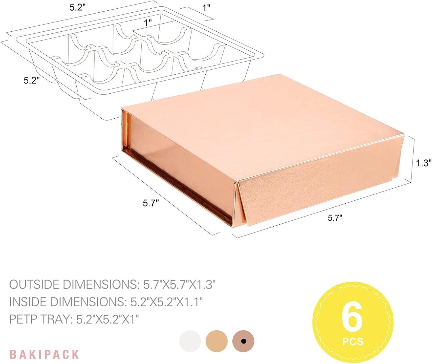 BAKIPACK Rose Gold Truffle Gift Boxes Set of 6 with 9-Piece Plastic Tray, Magnetic Closure, 5.7" x 5.7" x 1.3" for Chocolate, Candy, Formal Events, Special Occasions