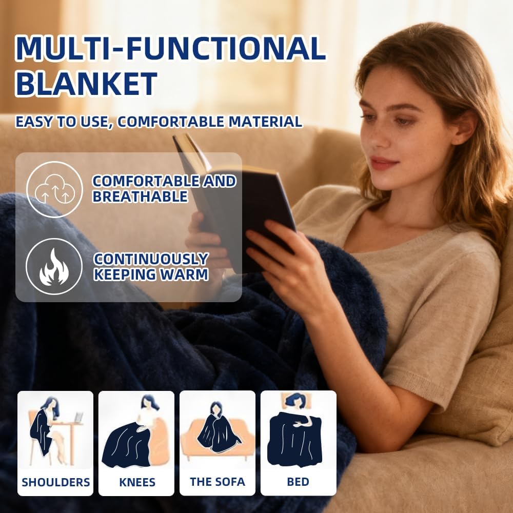 2-in-1 Travel Pillow & Blanket, Airplane Neck Pillow with Neck Support, Supersoft Lightweight Throw Blanket, Airplane Essentials (Blue)