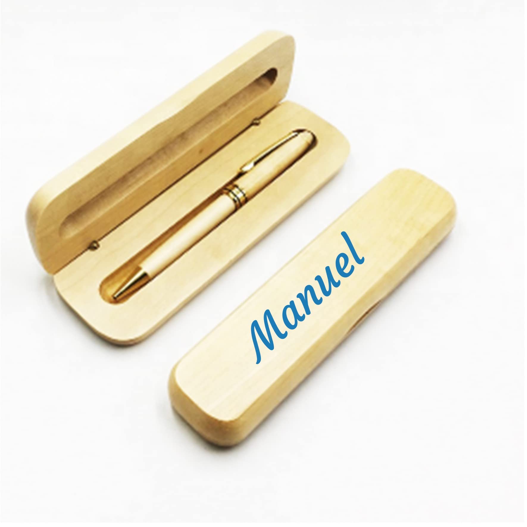 Bolígrafo de Madera Personalizado con Nombre y Caja de Madera - Regalos para niños, Regalos de Comunión - Bolígrafo con Tinta de Gel Azul - Ideas de regalos de comunión.