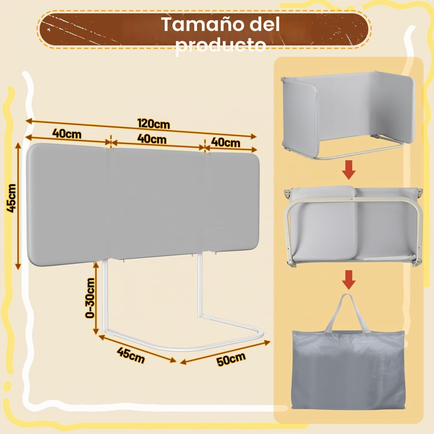 120CM Barrera de cama para Boxspring Plegable, protección contra caídas para cama infantil, barandilla de cama ajustable en altura, rápida instalación, barrera de cama para cuna infantil