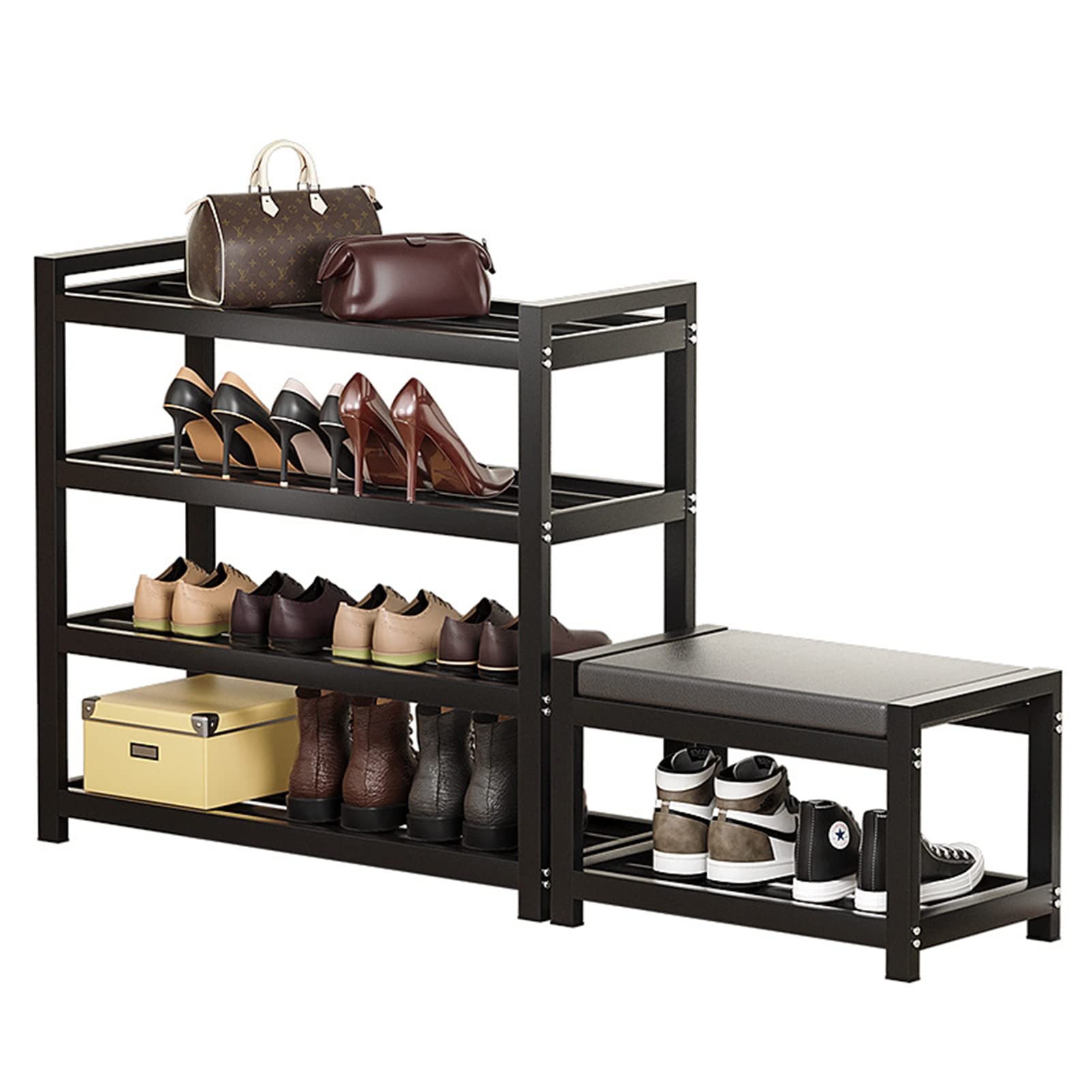 Entryway Shoe Rack with Cushioned Seat, 4Shelves Storage Bench w/Faux Leather Top Bed Bench, Black