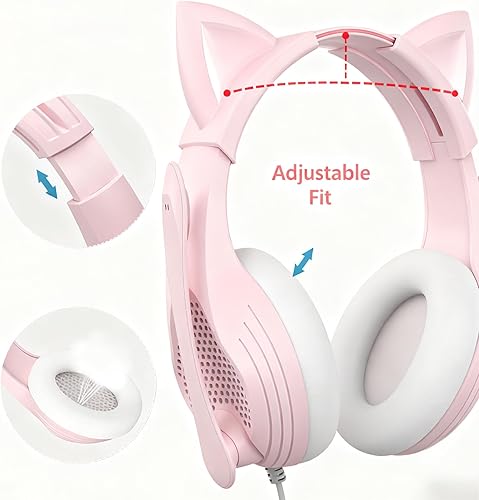 Miniatura 5 de GIME Pink Gaming Headset - Cute Cat Ears Wired Over Ear Headphones with Mic - Compatible with Xbox/PS4/ PS5/ PC Computer/Laptop/Phone