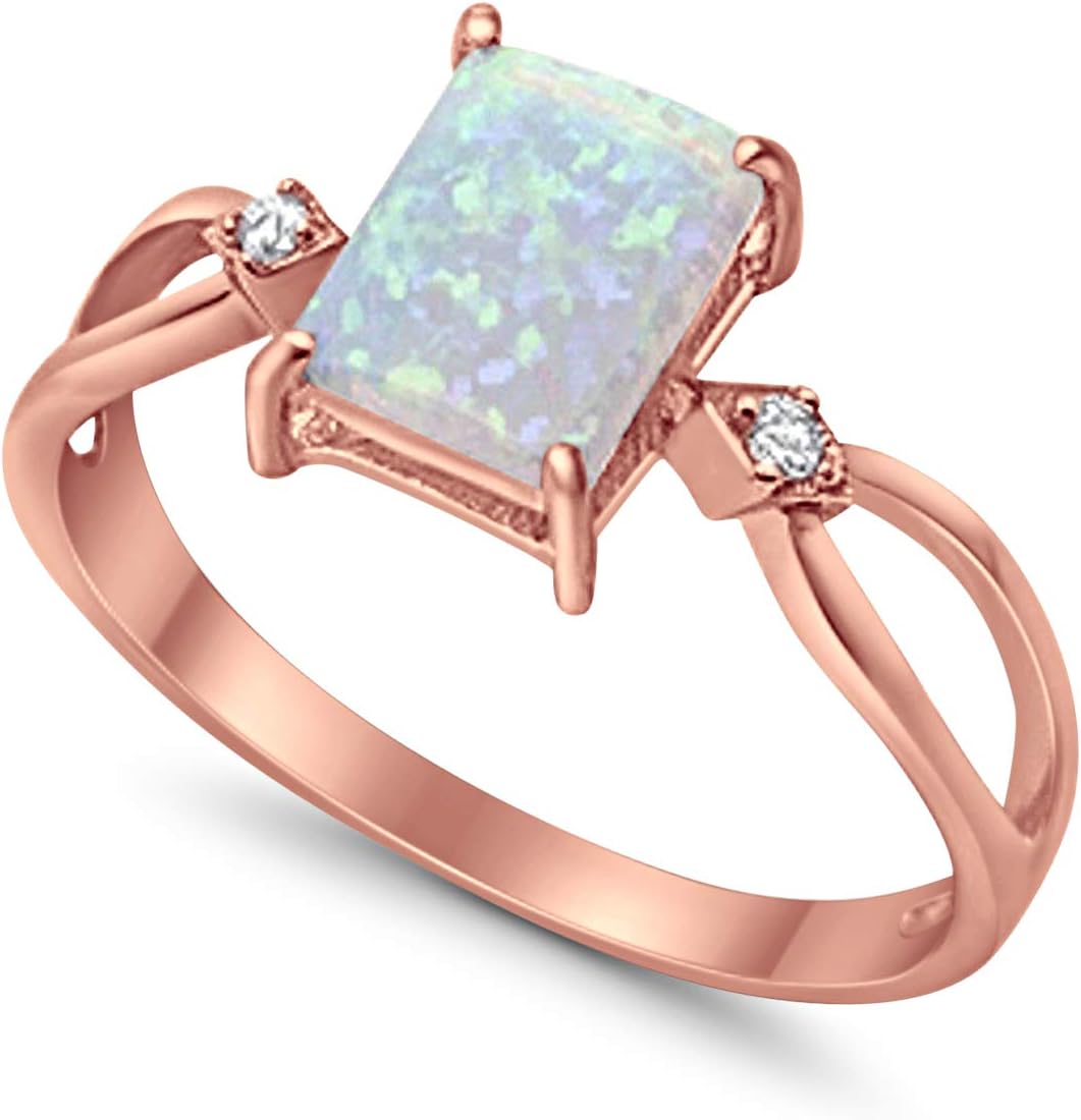 Blue Apple Co. Solitaire Split Shank Ring Radiant Lab White Opal Round CZ 925 Sterling Silver Choose Color