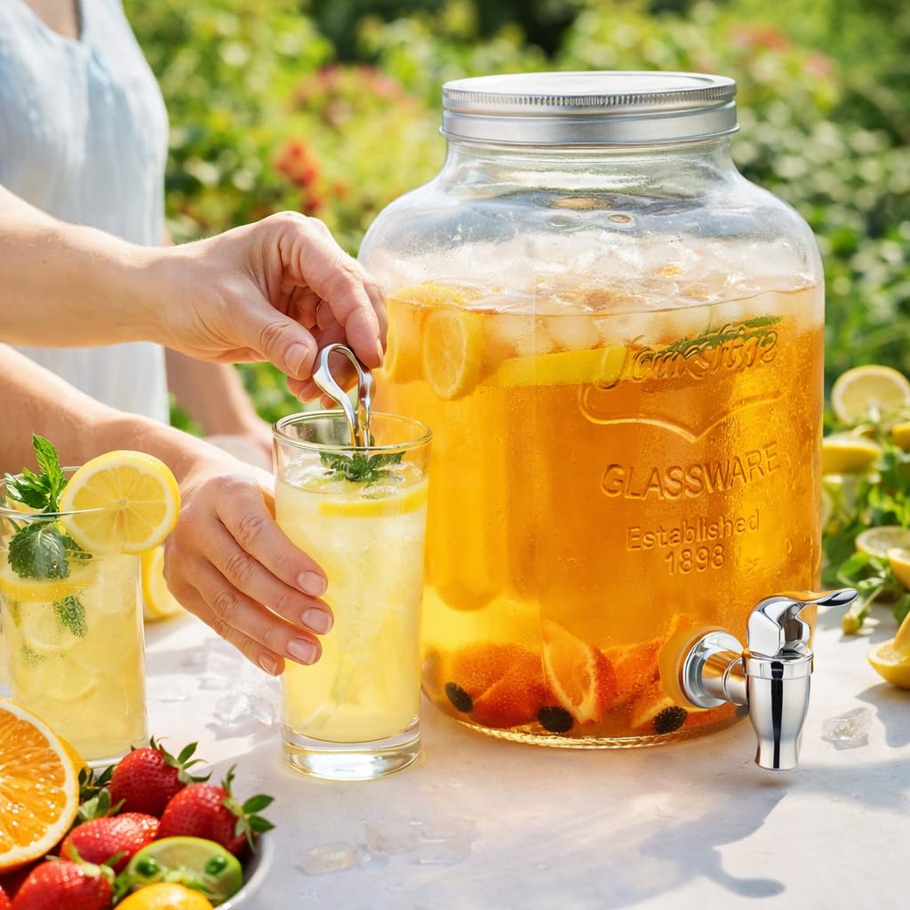 Dispenser Bevande in Vetro 4L con Rubinetto e Tappo Acciaio Ermetico, Barattolo per Acqua, Cocktail e Bibite, 33x20 cm, Contenitore per Feste, Catering, Casa e Giardino, Design Elegante