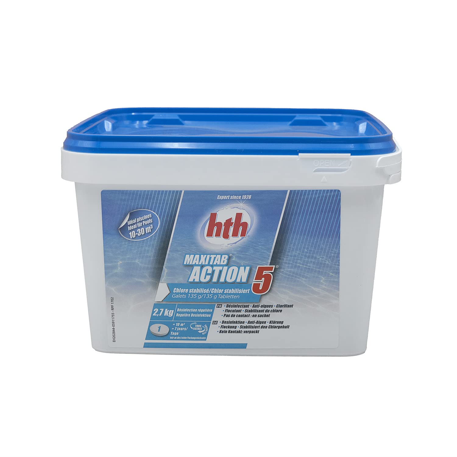 HTH MAXITAB Action 5 Galet 135g - 2,7kg | Chlore Lent Stabilisé Multiaction - Désinfection Régulière Multifonction - Dissolution Lente + 10 Tests HPS OFFERTS 6 en 1