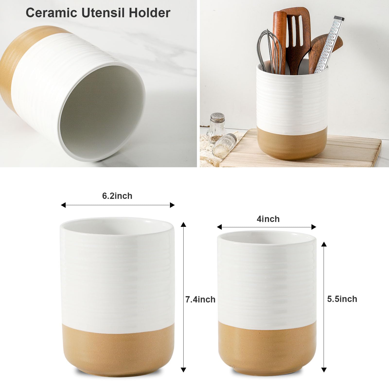 HASENSE Keramik-Utensilienhalter für Theke, 18,8 cm + 14 cm, großer Küchenutensilien-Organizer für Küchenutensilien, weißer Kochutensilien-Topf für Spatel, Bauernhaus-Dekoration, 2 Stück