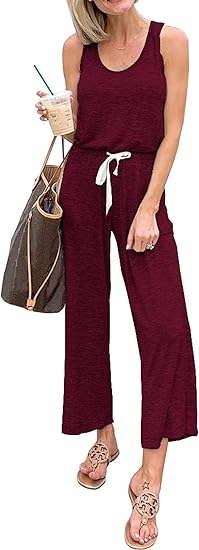 PRETTYGARDEN Women's Casual Sleeveless Solid Jumpsuit Crewneck Drawstring Waist Stretchy Long Pants Romper
