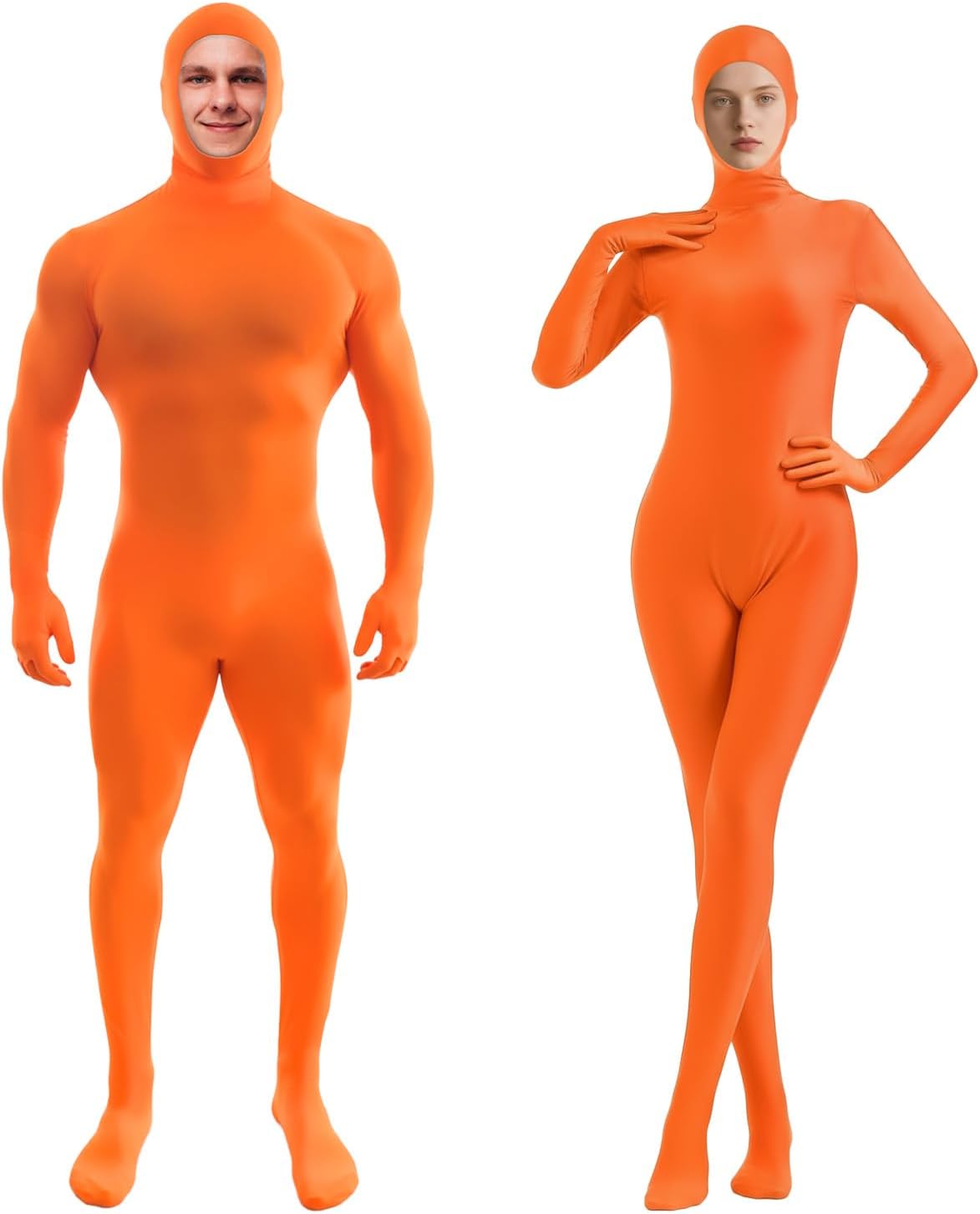 Orange Bodysuit Set for Men's & Women's - Stretchy Spandex Orange Open Face Bodysuit Halloween Cosplay Zentai Costume