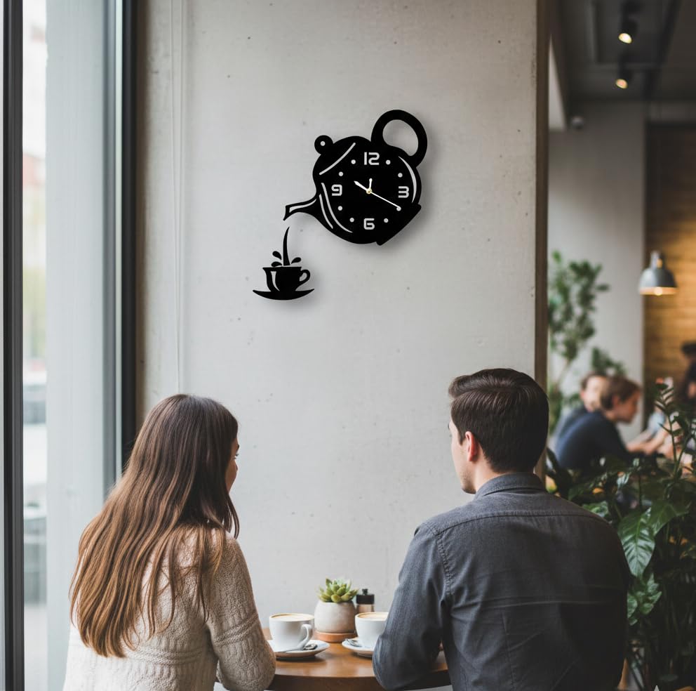 Image of Designer Wooden Wall Clock | Unique Teapot Shape Wall Clock for Home, Kitchen, Living Room & Office | Decorative Modern Acrylic Wall Clock (Black)