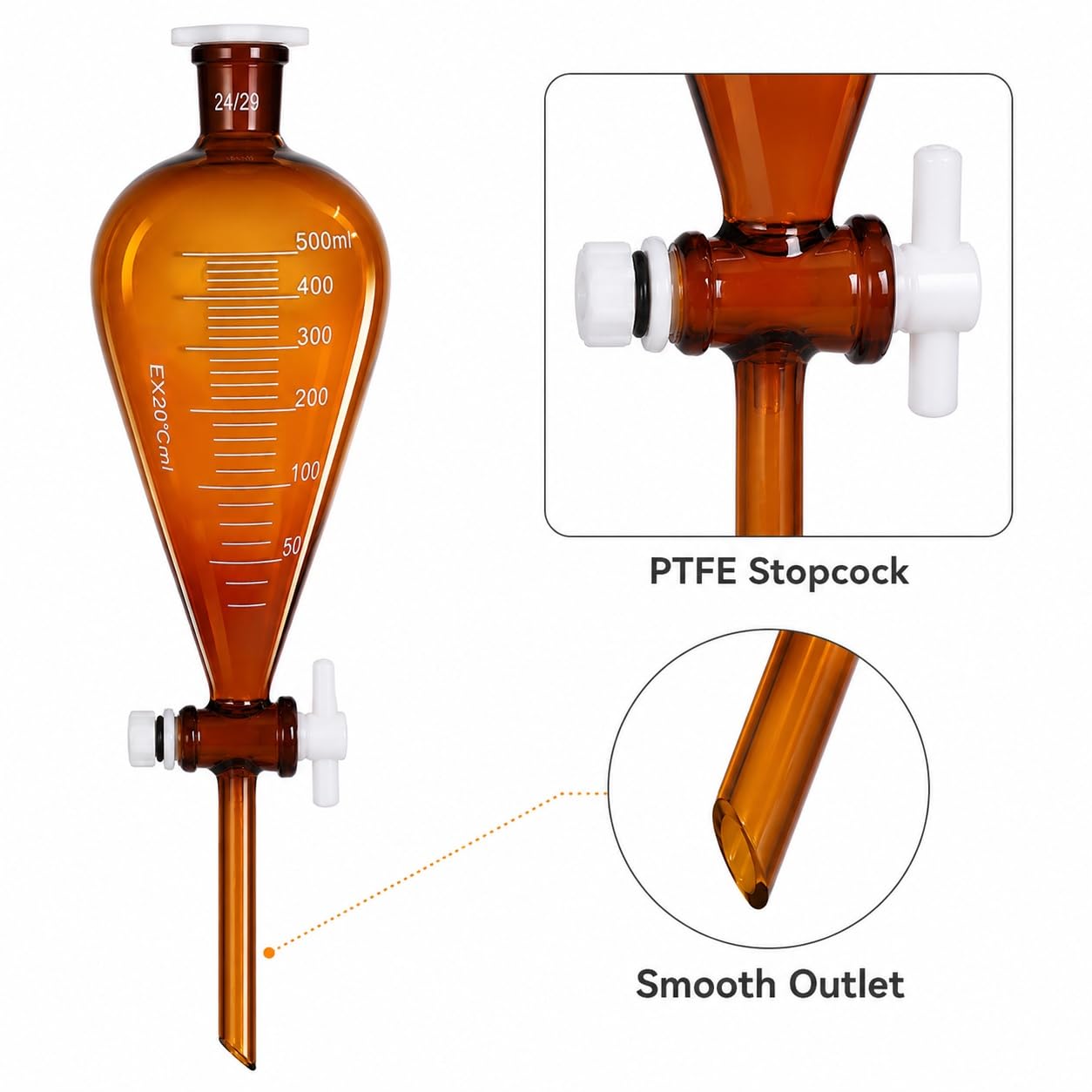 Braunglas Scheidetrichter Borosilikatglas mit PTFE Hahn Laborkolben-5000ml GL45