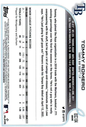 Miniatura 2 de Tommy Romero Chrome Rookie Card Collectible Baseball Card - 2022 Topps Update Chrome Rookie Baseball Card USC104 Rays Free Shipping  Tracking