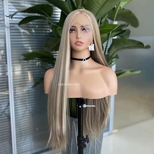 Miniatura 4 de COCOFANS Pelucas rubias cenizas con reflejos, pelucas sintéticas de encaje frontal para mujer, sin pegamento, peluca larga y sedosa, línea de