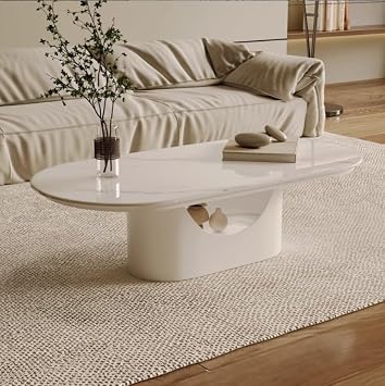 TIMDU Oval Coffee Table Simple Centerend Table for Living Room, Spacious Counter Top and Storage Space for Office, Drawing Room Snow Mountain White + Off-White Frame,100x50x40cm