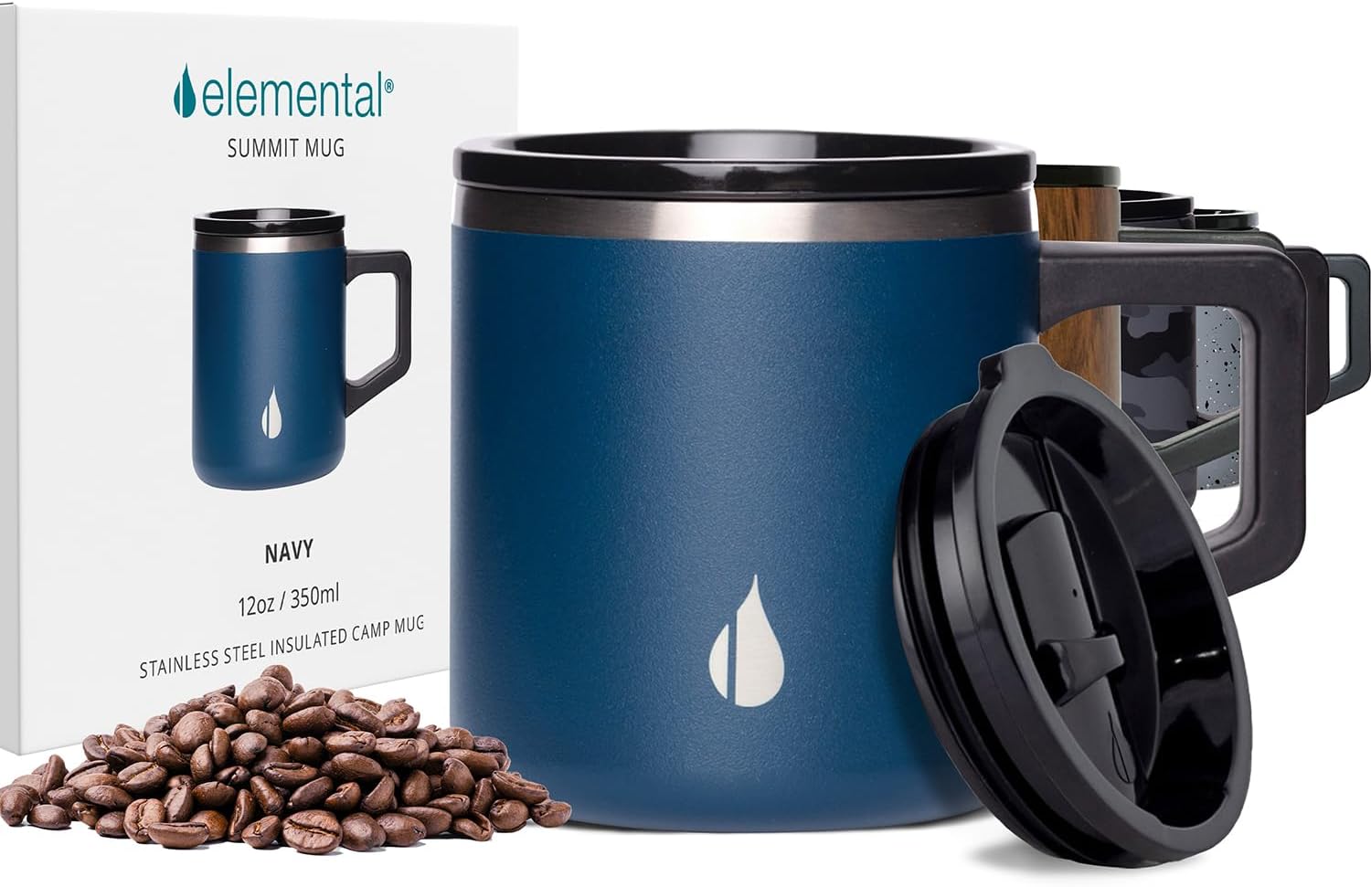 Elemental Insulated Coffee Mug – Triple-Wall Stainless Steel Summit Travel Cup for Hot and Cold Drinks – Thermal Coffee Mug with Lid and Handle for Camping, Office & Travel 12oz – Navy Blue