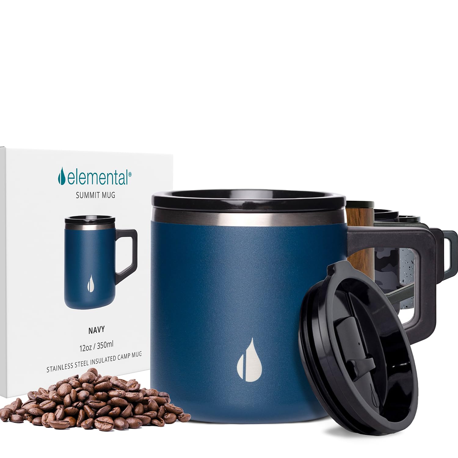 Elemental Insulated Coffee Mug - Triple-Wall Stainless Steel Summit Travel Cup for Hot and Cold Drinks - Thermal Coffee Mug with Lid and Handle for Camping, Office & Travel 12oz - Navy Blue
