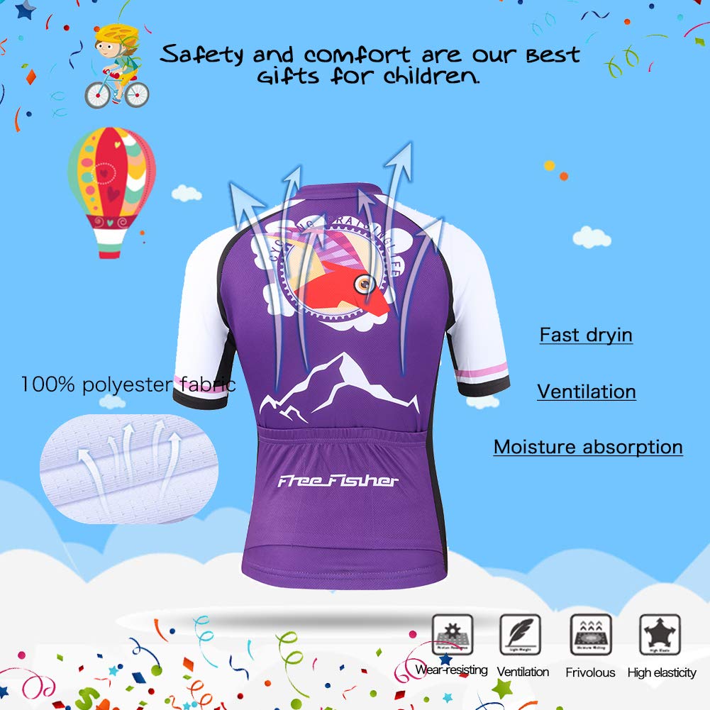 Kinder Jungen Fahrradbekleidung Set Mädchen Atmungsaktive Trikot Kurzarm & Radhose mit 3D Sitzpolster MTB Radsportanzug, Violett, 134/140(Herstellergröße: XL)