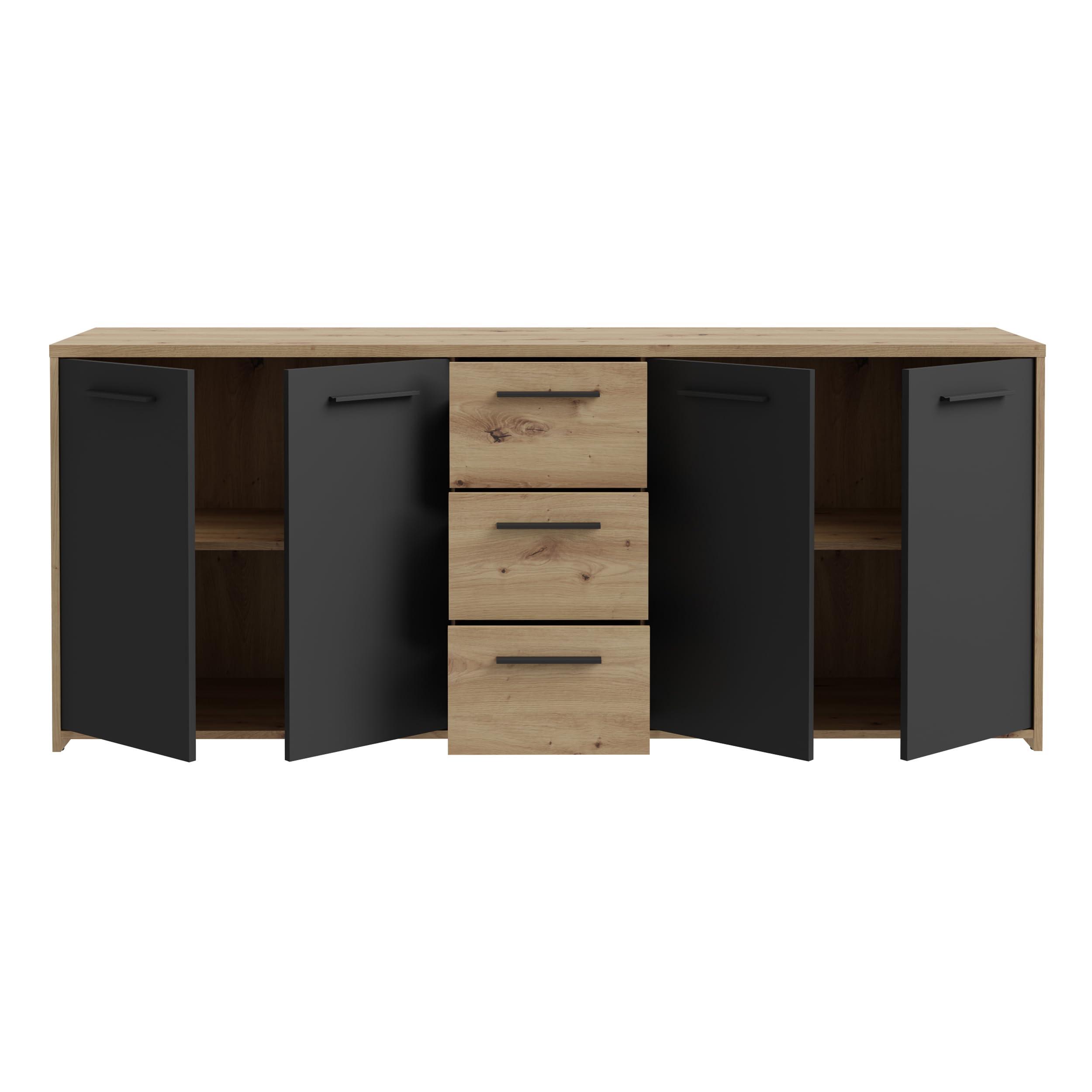 Forte PILVI Sideboard 180, modernes Sideboard mit 4 Türen und 4 Schubladen, Wohn-/Schlafzimmer, Holzwerkstoff, Artisan Eiche Holzdekor mit Schwarz, 179 cm breit x 74,1 cm hoch x 42 cm tief