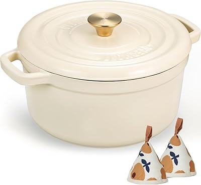 Overmont Enameled Cast Iron Dutch Oven - 5QT Pot with Lid Cookbook & Cotton Potholders - Heavy-Duty Cookware for Braising, Stews, Roasting, Bread Baking white