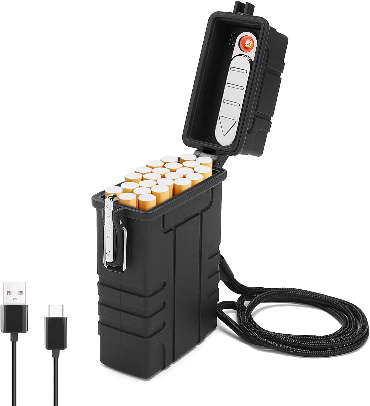 Cigarette Case with USB Rechargeable Electric Lighter for Whole Package Cigarettes 20pcs, Waterproof Cigarette Holder for Outdoor Camping Hiking