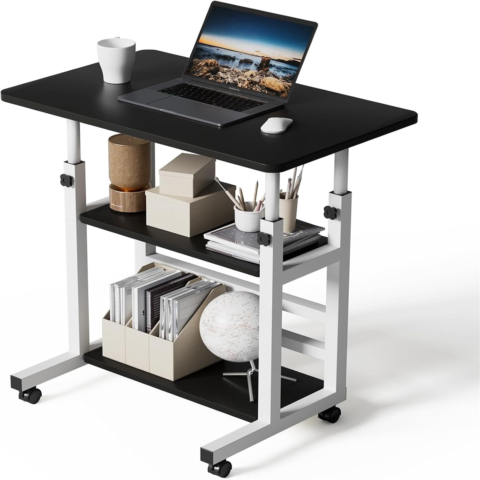 Warmiehomy Höhenverstellbarer Schreibtisch Platzsparender Laptoptisch 60x40cm Computertisch mit Rollen Schreibtisch Schwarz mit Regal Mobiler Beistelltisch PC Tisch für Home Office,Bett,Sofa,Schwarz