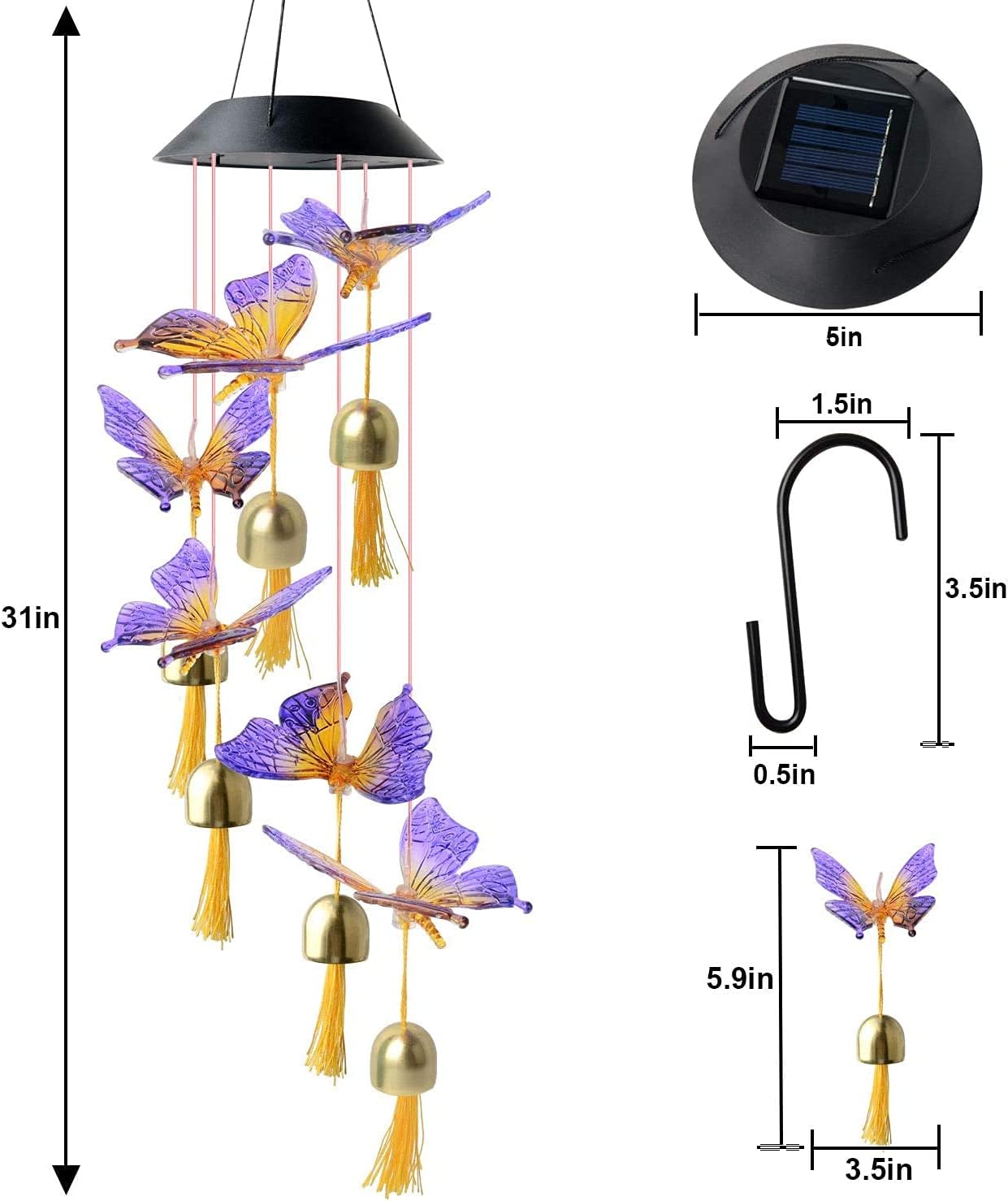 TOPCHANCES Wind Chimes,Solar Hummingbird Wind Chime Decorative Garden Lights Color Changing LED Wind Chimes Outside for Patio Light, Porch, Deck, Garden Decor (Butterfly)