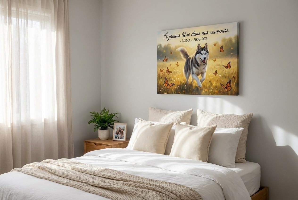 BKCREATIONS Tela commemorativa personalizzata animale Prato Paradisiaco - Cane gatto ricordo - Regalo condoglianze cornice legno (40 x 30 cm)