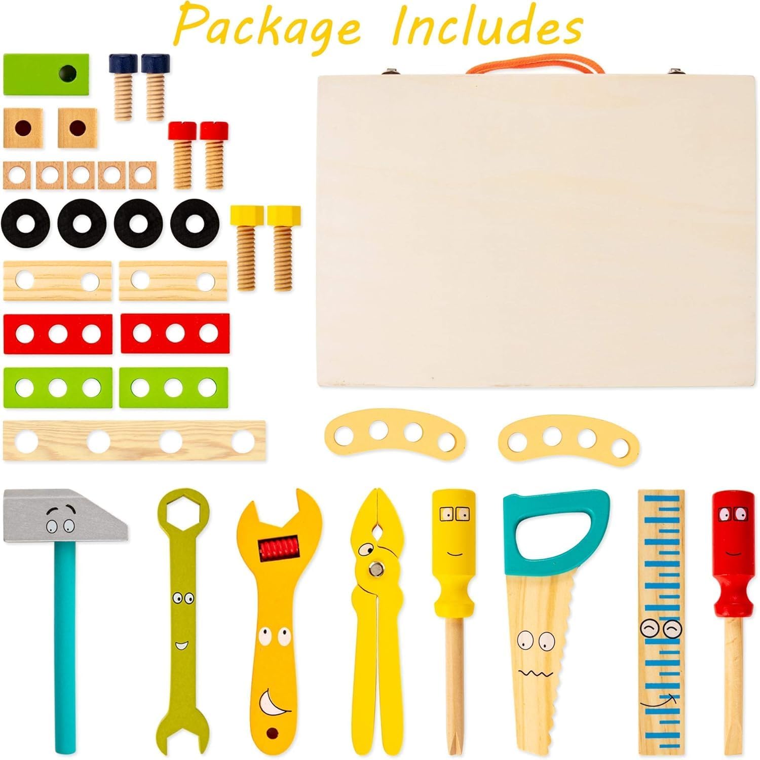 Wooden Kids Tool Set, 37PCS Toddler Tool Kit with Tool Box Montessori STEM Construction Toy, Educational Pretend Play Building Set for 3 4 5 Year Old Boys Girls Birthday Gift