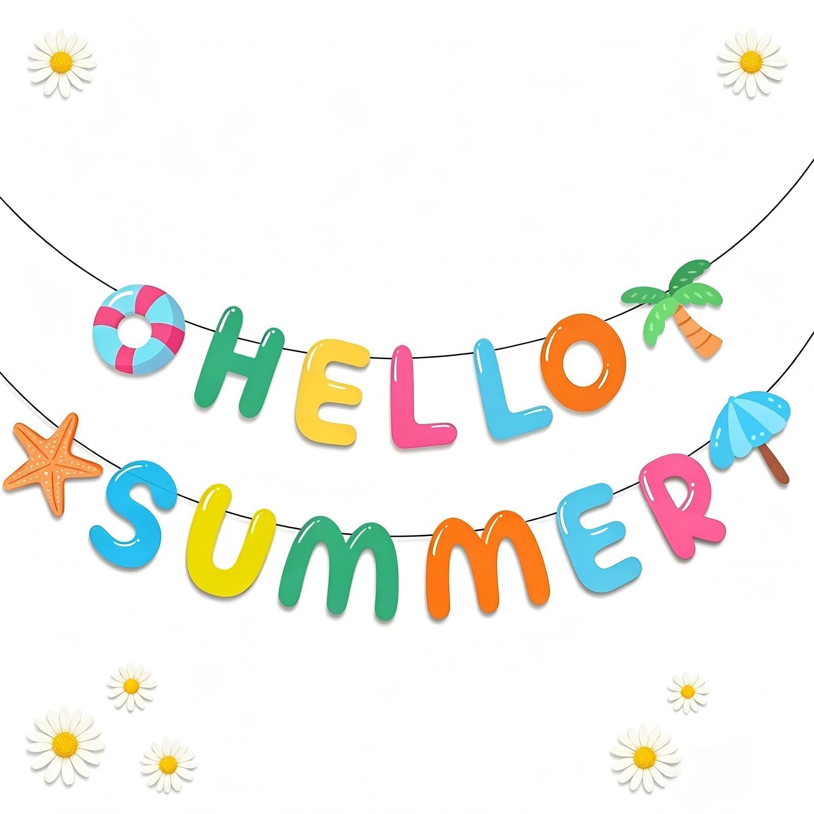 Hello Summer Banner, Hawaiian Party Decorations for Beach Pool Party