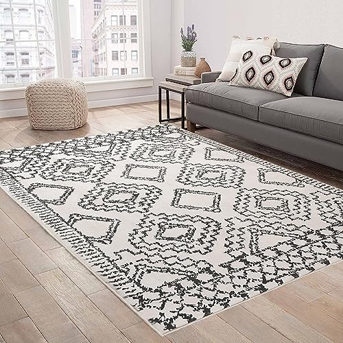 Leesentec Moroccan Area Rugs Living Room Rugs Modern Abstract Rug Geometric Carpet Non-slip Short Pile Rug Large Rugs for Living Room Soft Bedroom Area Rug (Ivory/Black, 160 * 200cm)