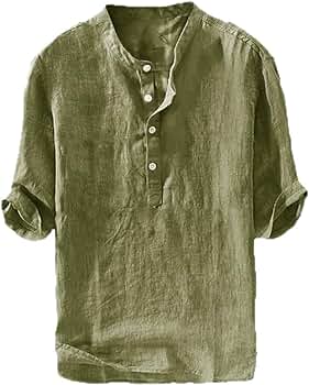 Ryannology Mens Linen Shirts Henley 3/4 Sleeve Casual Cotton