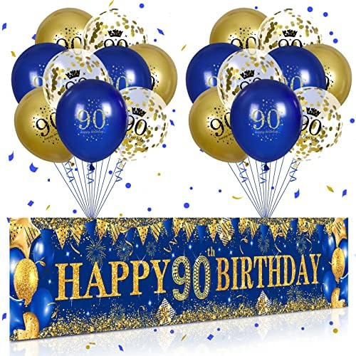10th Birthday Decorations for Little Kids Boys Girls Blue and Gold, Navy Blue Gold Birthday Yard Banner 18PCS Happy Birthday Balloons for 10th Anniversary Birthday Party Supplies Outdoor Yard Decor