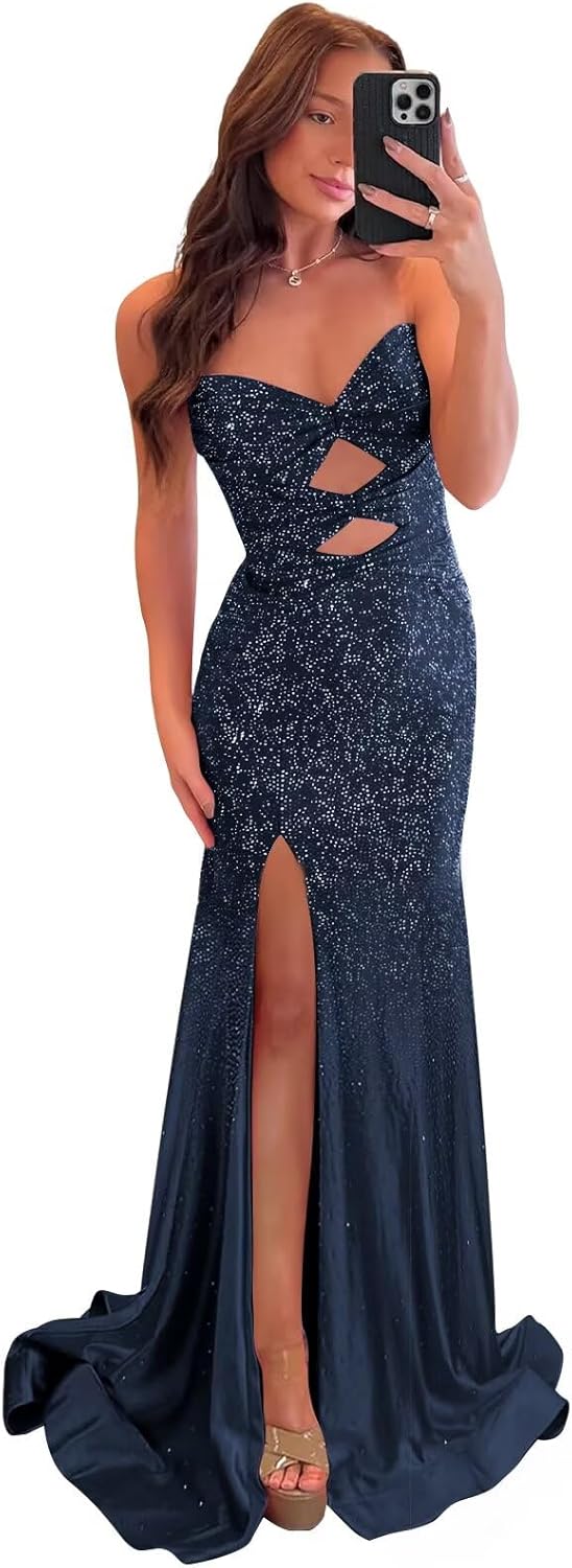 Sparkly Sequin Prom Dresses for Women Mermaid Long Strapless Evening Formal Dress with Slit
