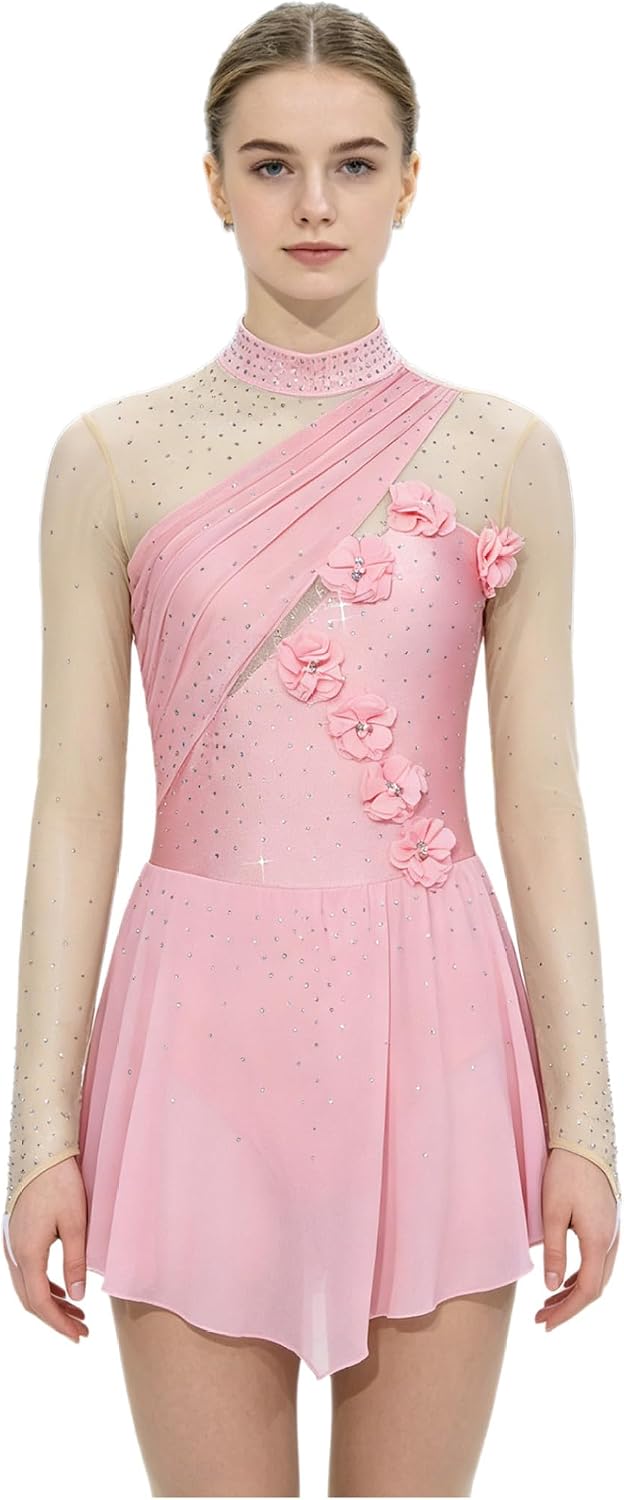 Women's Applique Figure Skating Dress Lyrical Dance Costumes Chiffon Skirt Leotard Ballet Dancewear