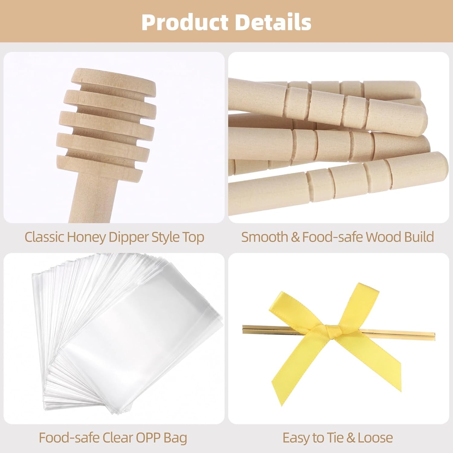 48 Sets Cake Pop Sticks, Honey Lollipop Sticks with Wrapping Bags and Yellow Bow Ties, Wooden Honey Dipper Supplies for Cake Pops, Candies, Party Favor Packaging