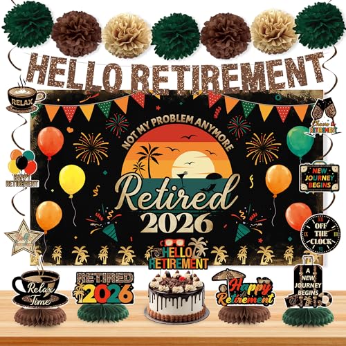 Holkcog Retirement Party Decoration Vintage 2026 Retired Banner Background Hello Retirement Honeycomb Centerpieces Hanging Swirls Cake Top Office 2026 Retired Farewell Good Luck Goddbye Party Decor