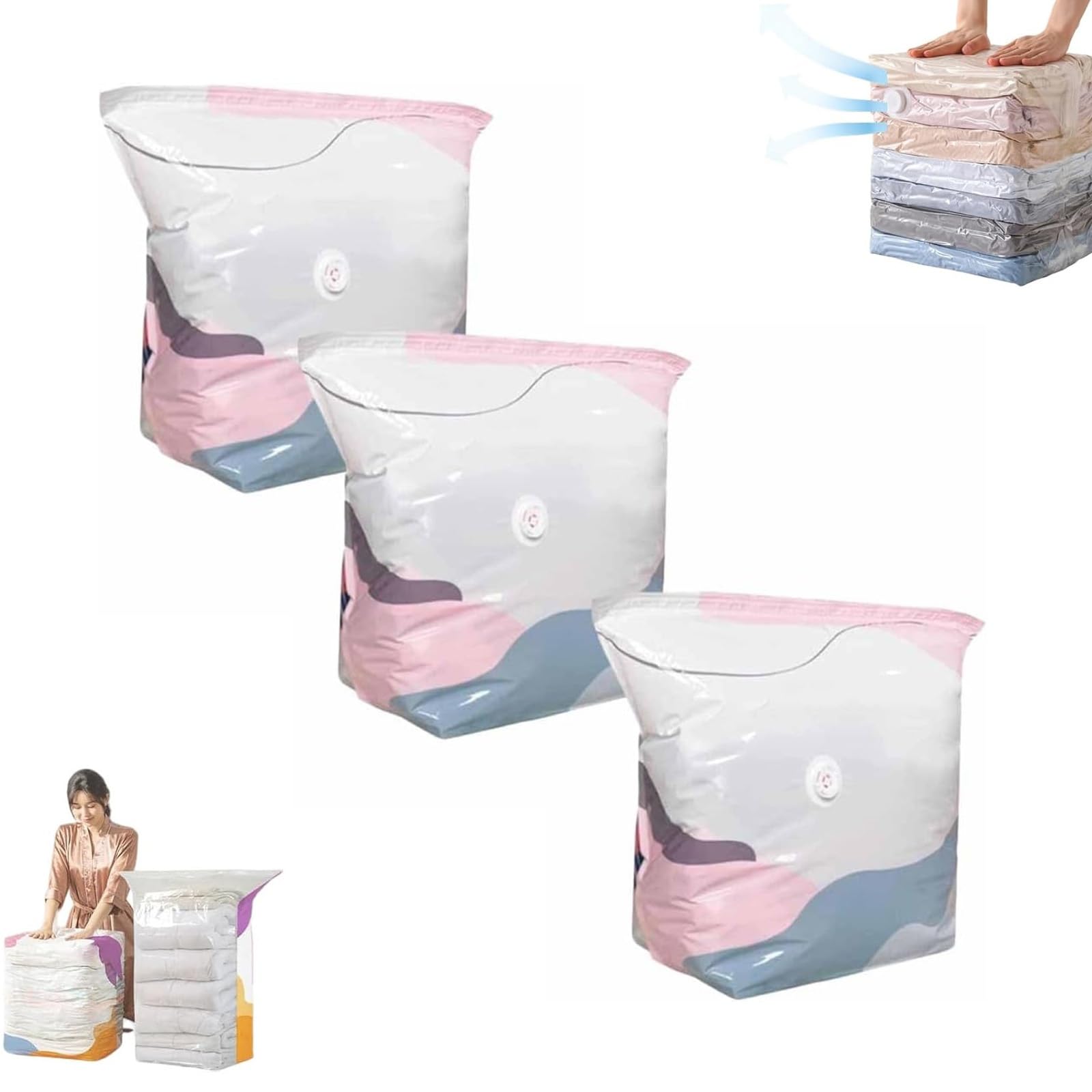 No‑Pump Vacuum Storage Bags, Press & Seal Large Cube Vacuum Seal Bags,Space Saving Self Compression Organizer For Clothes,Comforters，Blankets,Bedding(S*3)