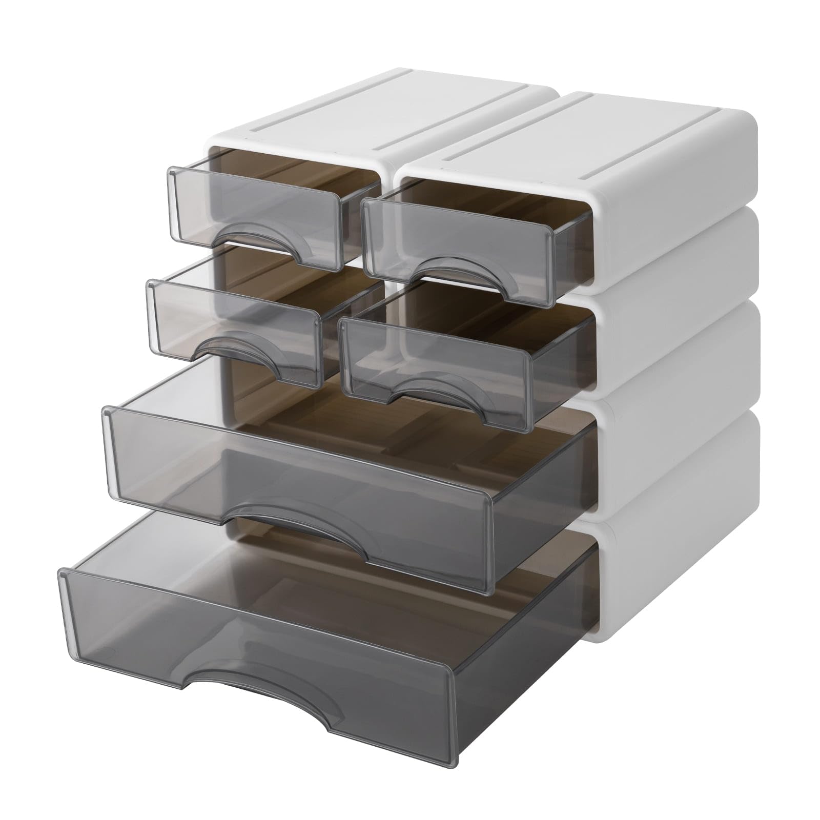 Lot de 6 Organiseurs de bureau en plastique avec tiroirs, Boîtes de Rangement Empilable à Volonté, 25P x 34L x 33H cm, Pour Documents, Fournitures de bureau, Clés, Crayons (Blanc)