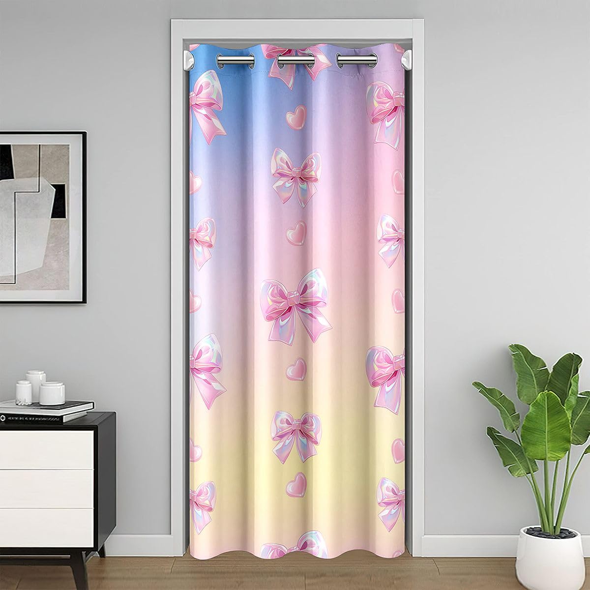 Rideau de porte occultant 132x213cm rose avec noeud papillon mignon pour chambre et salon