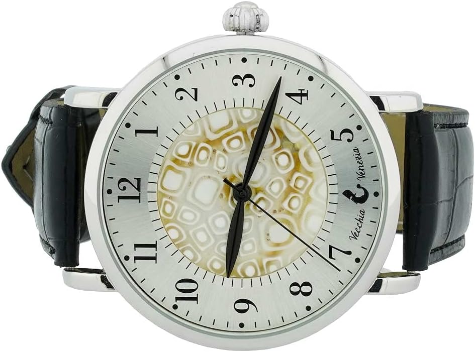 Glass Of Venice Murano Glass Men's Millefiori Watch with Leather Band - White and Black