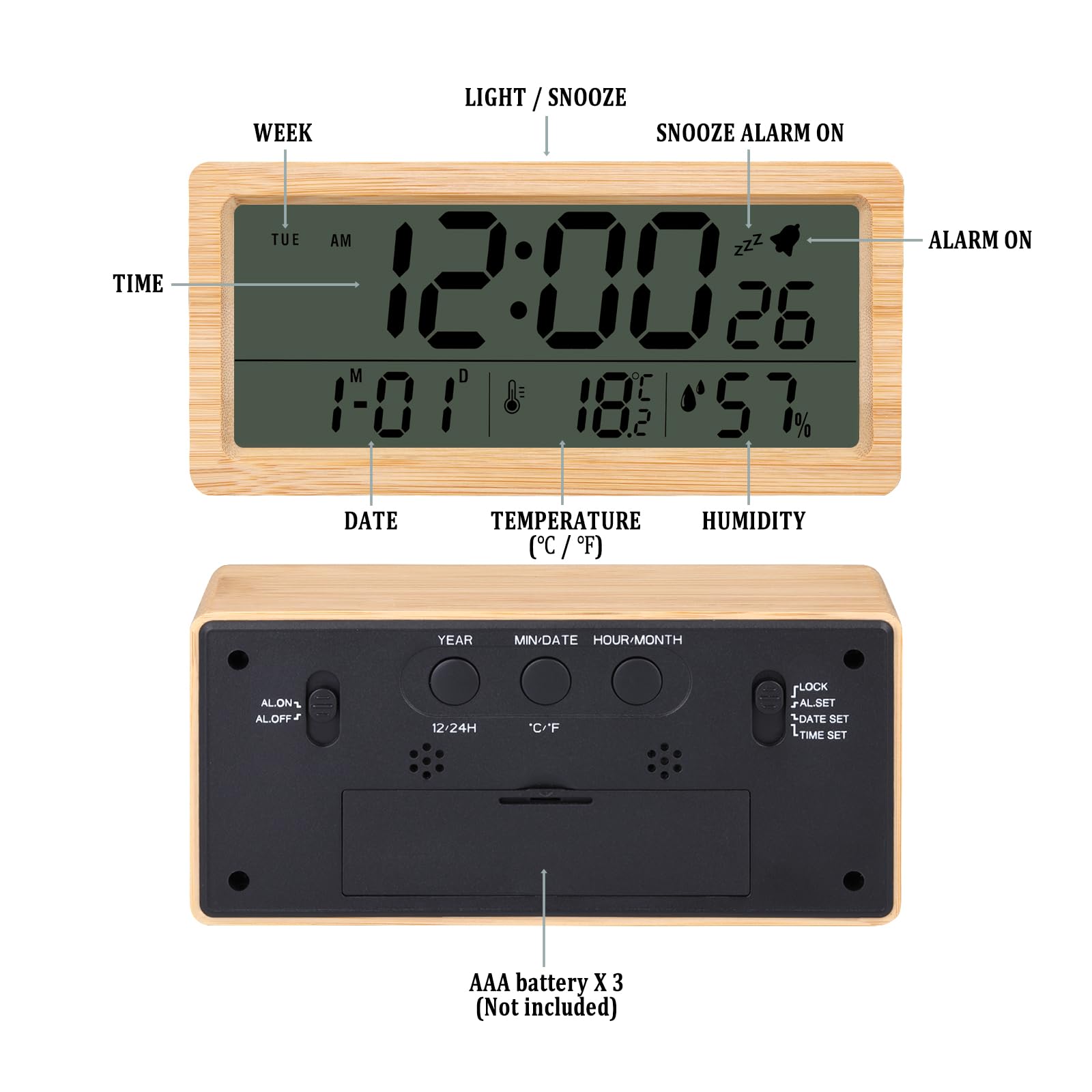 Digitaler Wecker aus Holz mit 15,2 cm großem Display, Schlummerfunktion, Kalender, Hintergrundbeleuchtung, Temperatur und Luftfeuchtigkeit, batteriebetriebene Schreibtischuhr für Schlafzimmer