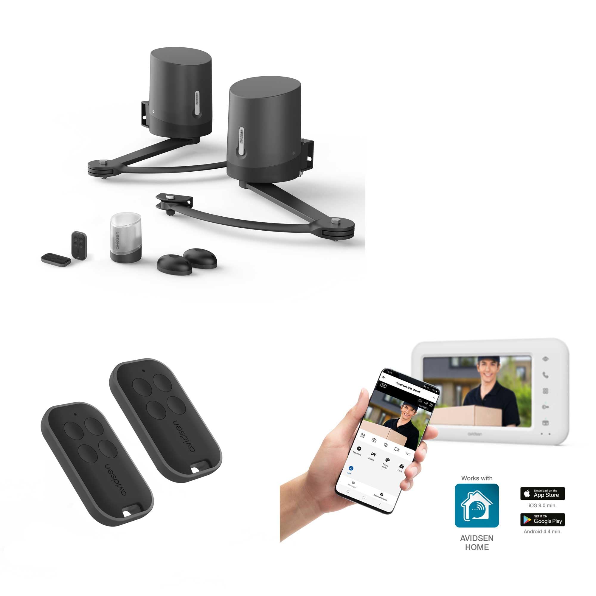 Kit Avidsen para Puerta Batiente con Videoportero WiFi y 4 Mandos | Portón de hasta 5 m/500 kg, monitor 7", App Avidsen Home, WiFi 2,4/5 GHz, 4 mandos, fotocélulas y luz intermitente.