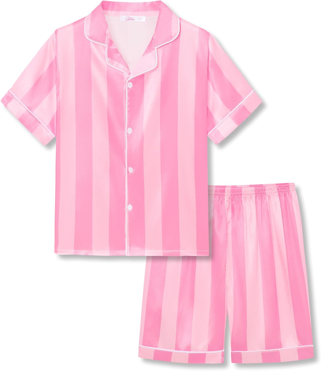 Tebbis Girls Satin Pajamas Set, 2-Piece Short Sleeve Button-Down PJs Cute Printed Silky Sleepwear for Kids Size 6-16