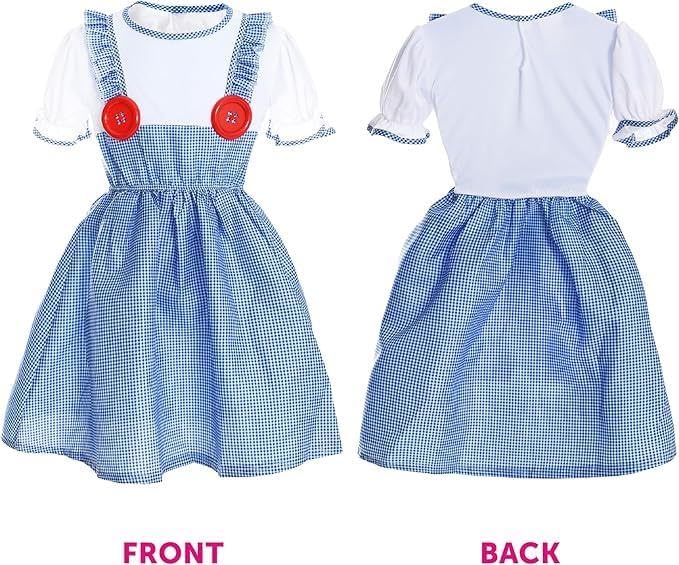 Girls Dorothy Style Costume with Dog in Basket, Blue Gingham Dress Outfit with Matching Hair Ties and Plush Grey Dog - Image 3