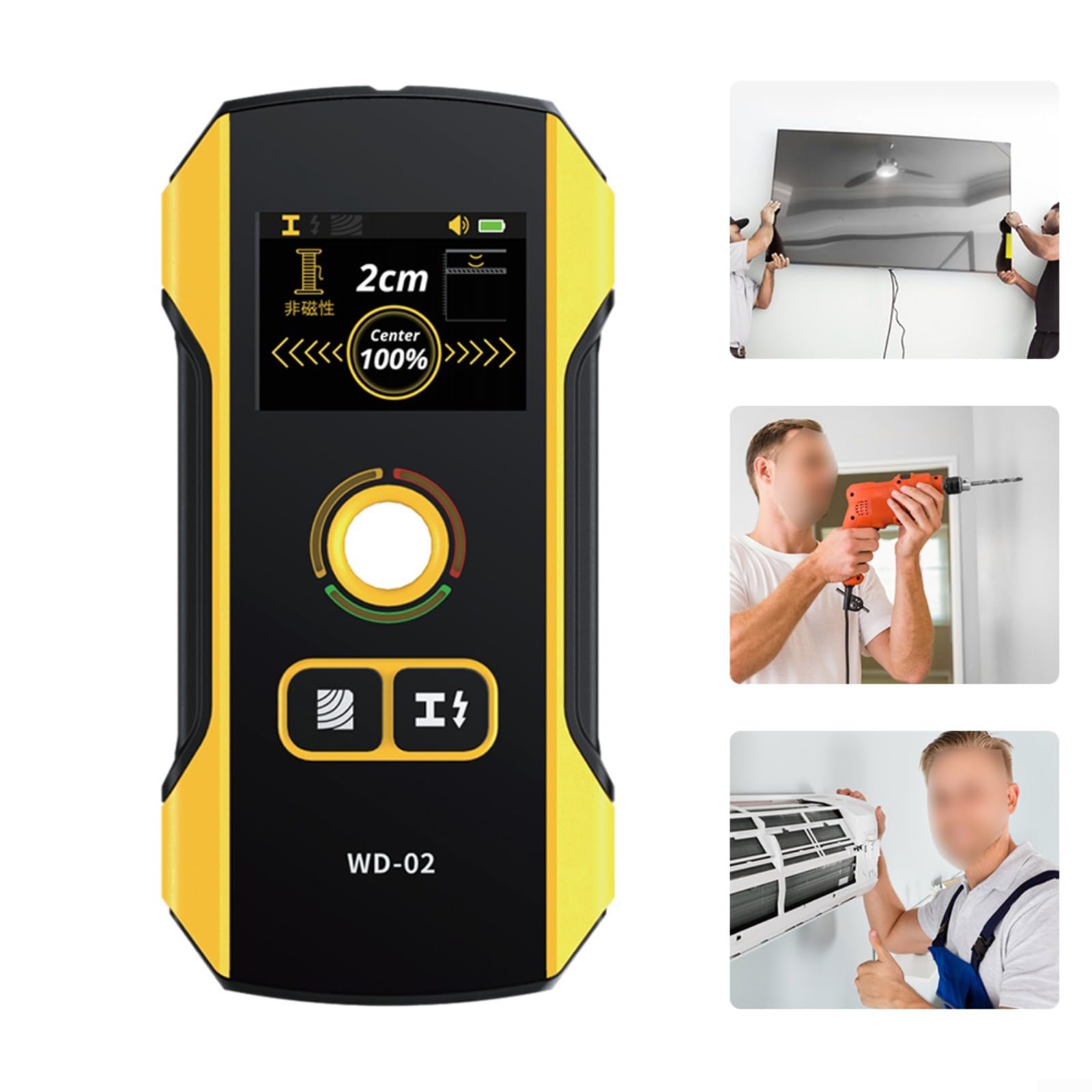 WD-02 - Escáner de pared con detector de metales para cables de CA, pernos de madera, 120 mm de profundidad, recargable tipo C, grado industrial para perforación