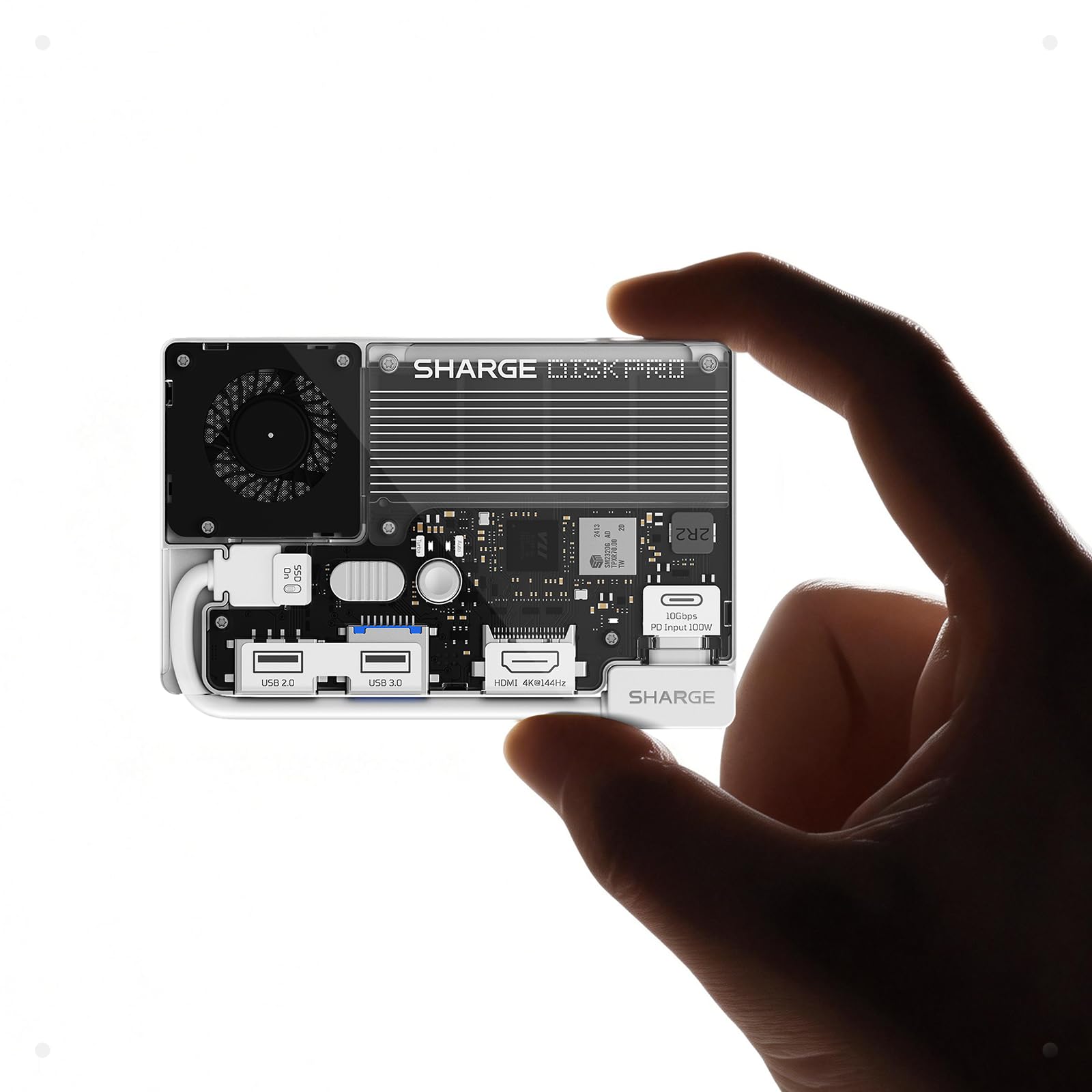 sharge Disk Pro 4TB Portable SSD with Active-Cooling Fan, 4-Port Hub with HDMI 2.1, 10 Gbps Built-in Cable, Magnetic External Solid State Drive for MacBook, PC and More-White